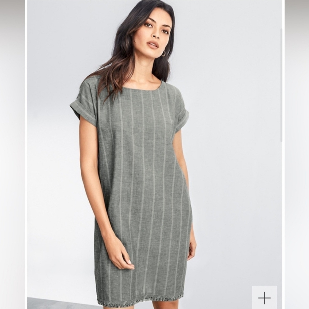 Eileen Fisher Hemp Organic Cotton Shift Dress SZ Small Charcoal Stripe